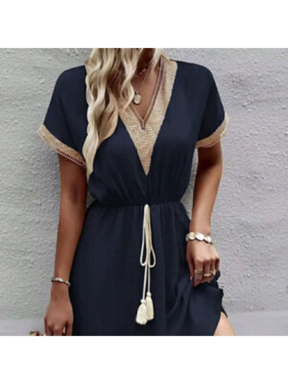 Navy Blue Casual Women's Stylish Summer V-Neck Fringed Belted Dress